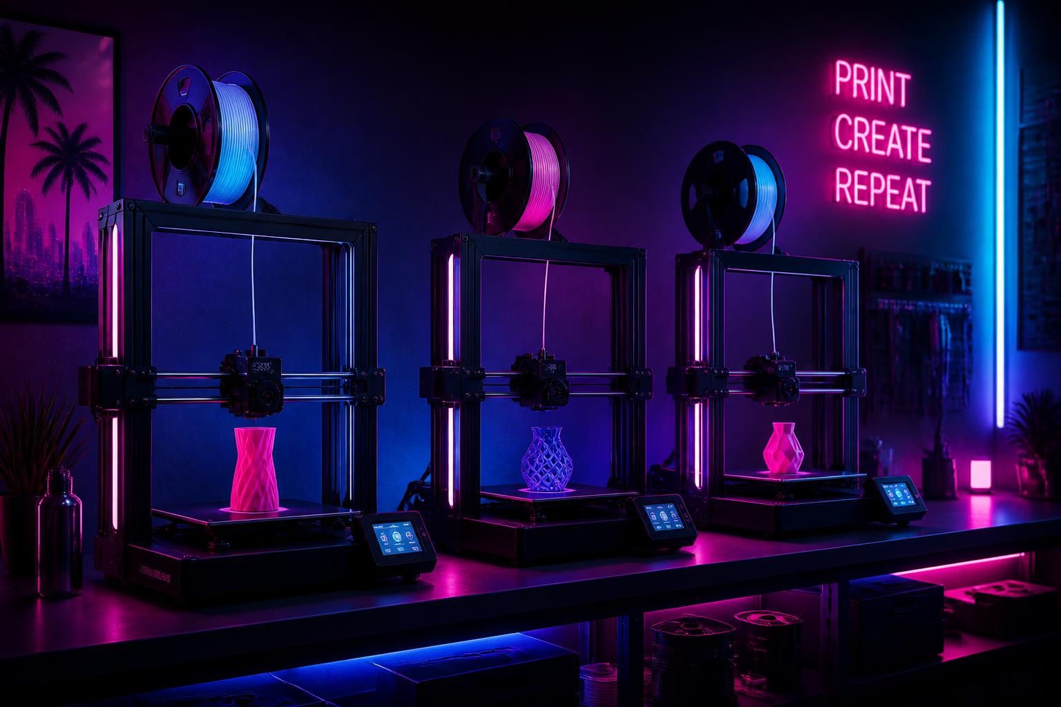 A row of three neon-lit 3D printers in a South Florida print farm